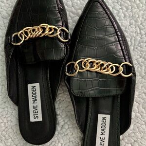 Steve Madden Black Croc Mules with Gold Accent